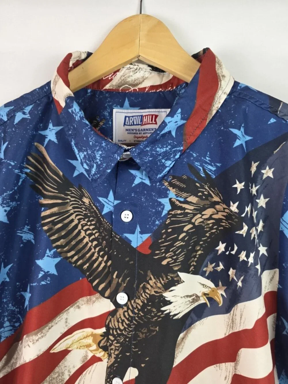 Arvil Hill Mens Shirt Size Large Blue Patriotic USA America Flag Button Down Top